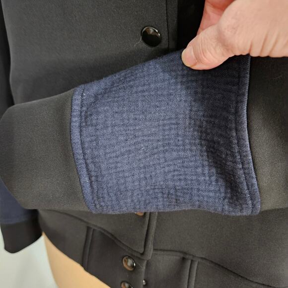 Garbe Luxe Jacket Womens Large Mixed Media Black Blue Snap Front Pockets Stretch - Picture 6 of 14